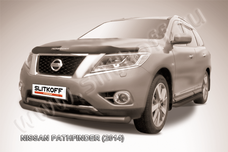 Защита Slitkoff переднего бампера d76 ЧЕРНАЯ матовая для Nissan Pathfinder R52 2014-2026. Артикул NIP14-004B