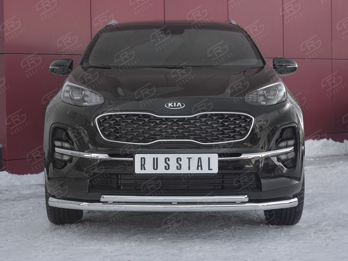 Защита RusStal переднего бампера d63 секция d42 дуга для Kia Sportage IV рестайлинг 2018-2026. Артикул KSZ-003184