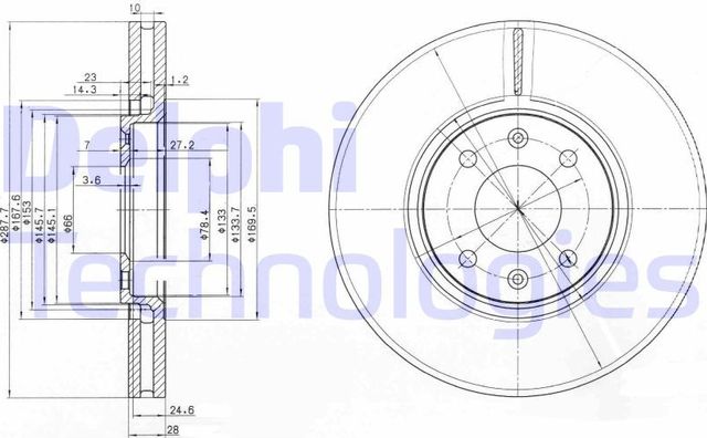 Тормозной диск Delphi передний для SEAT Exeo 2009-2013. Артикул BG3714