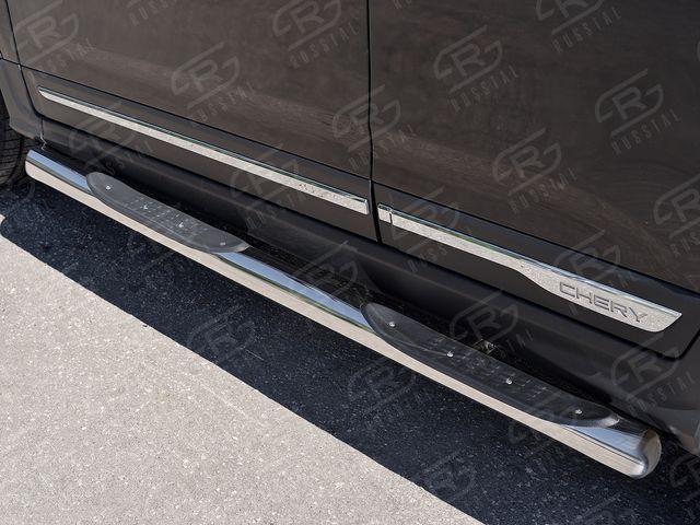 Защита порогов RusStal труба d76 с накладкой (вариант 3) для Chery Tiggo 5 2014-2016. Артикул CT5T-0022633