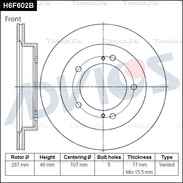 Тормозной диск Advics передний для Suzuki Grand Vitara II 1998-2003. Артикул H6F602B