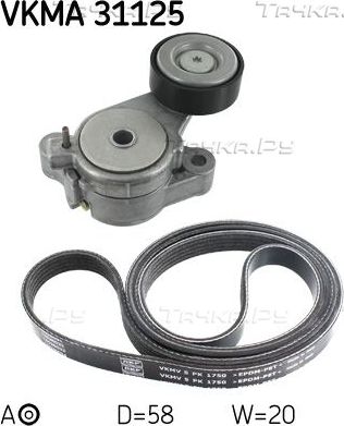 Приводной ремень поликлиновой с роликами (комплект) SKF для Volkswagen Jetta VI 2011-2019. Артикул VKMA 31125
