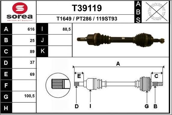 Полуось (привод в сборе, приводной вал) EAI. Артикул T39119