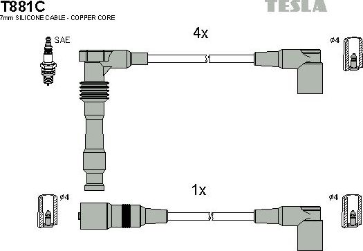 Высоковольтные провода (провода зажигания) (комплект) Tesla для Opel Astra F 1991-1998. Артикул T881C