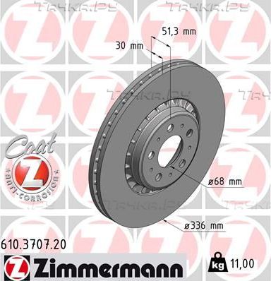 Тормозной диск Zimmermann Coat Z передний для Volvo XC90 I 2002-2014. Артикул 610.3707.20