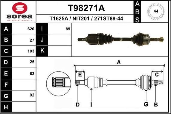 Полуось (привод в сборе, приводной вал) EAI. Артикул T98271A