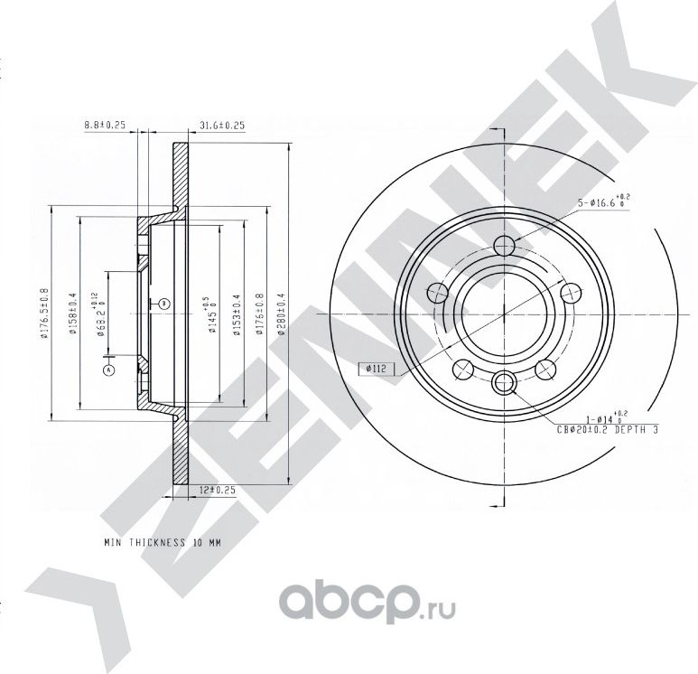 Диск тормозной задний VW T4 90-04 (Zennek). Артикул DBD0038