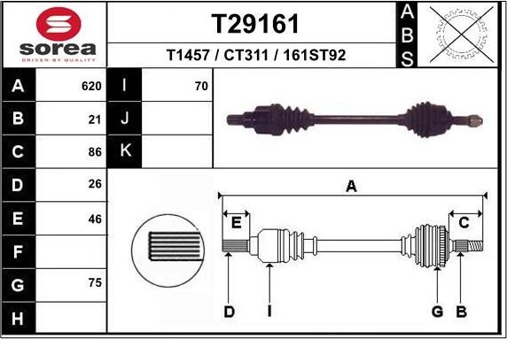 Полуось (привод в сборе, приводной вал) EAI. Артикул T29161