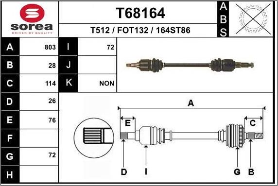 Полуось (привод в сборе, приводной вал) EAI. Артикул T68164