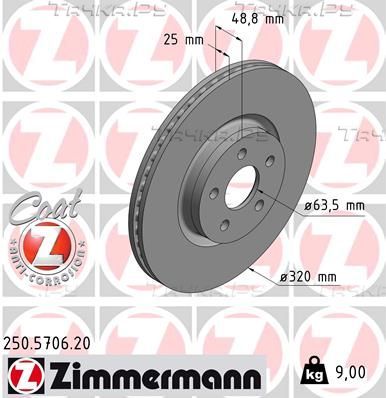 Тормозной диск Zimmermann Coat Z передний для Ford Transit Connect II 2013-2026. Артикул 250.5706.20