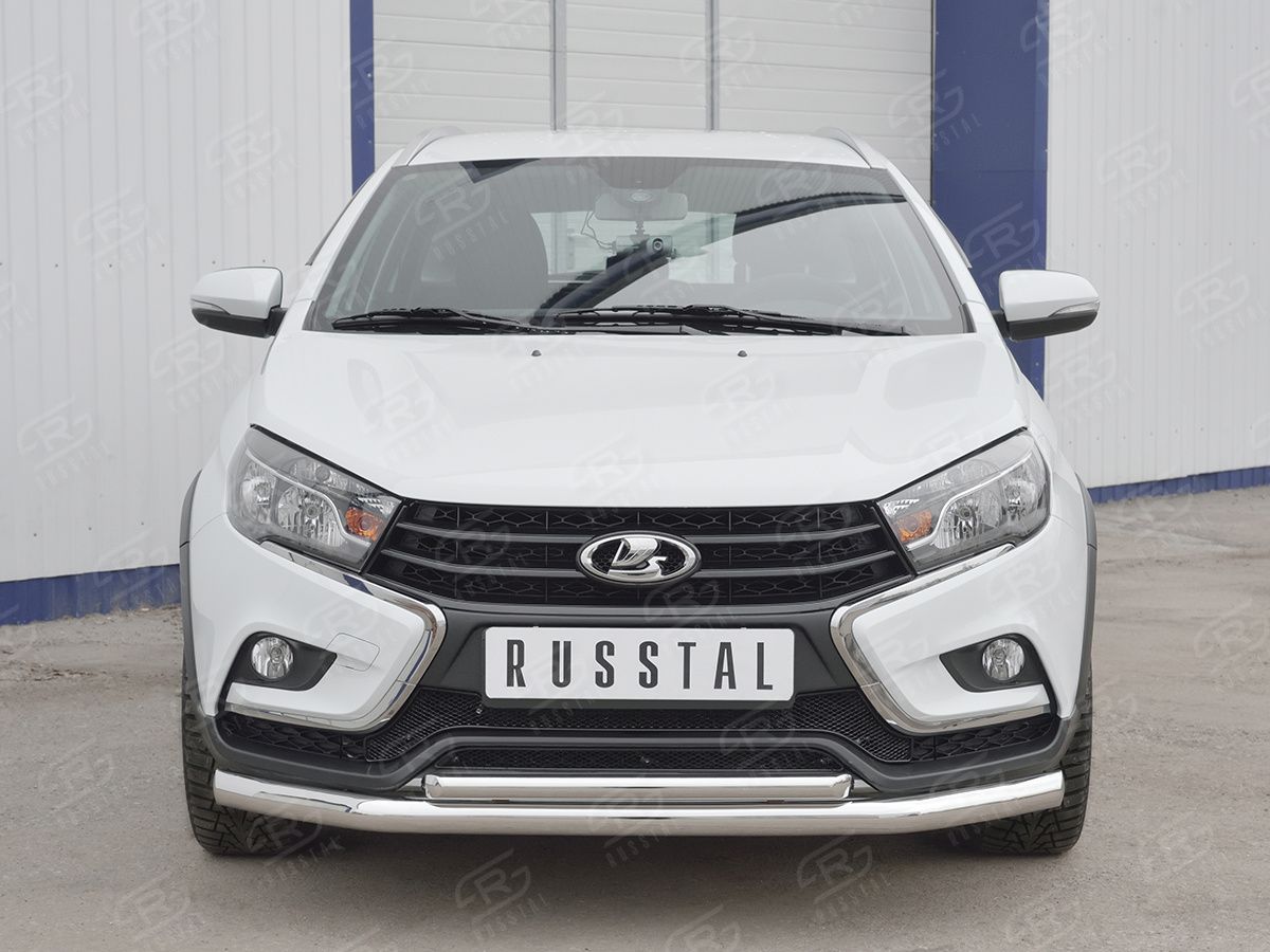 Защита RusStal переднего бампера d63 секции-d42 дуга для Lada Vesta SW Cross 2017-2026. Артикул LVZ-002847
