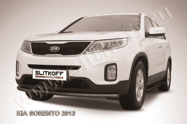 Защита Slitkoff переднего бампера d57 радиусная ЧЕРНАЯ матовая для Kia Sorento II рестайлинг 2012-2026. Артикул KS13-004B