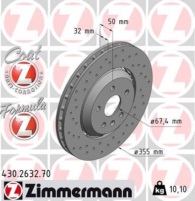 Тормозной диск Zimmermann FORMULA Z передний для Saab 9-5 II 2010-2012. Артикул 430.2632.70