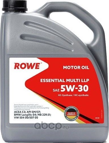 Масло моторное 5W30 ROWE 4л синтетика ESSENTIAL MULTI LLP C3 SM/CF. Артикул 202384532A