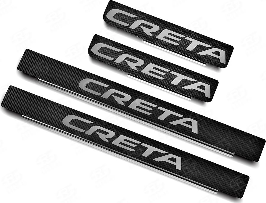 Накладки RusStal на пороги (лист нерж. карбон с надписью) для Hyundai Creta I 2016-2021. Артикул HYCER16-06