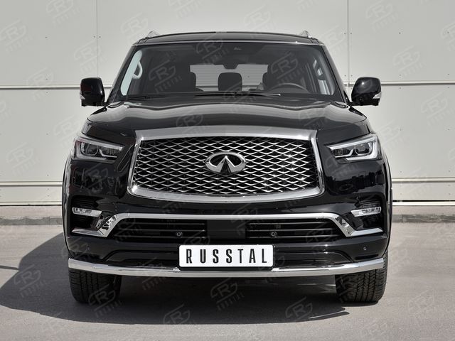 Защита RusStal переднего бампера d63 секции для Infiniti QX80 I рестайлинг 2018-2026. Артикул IQX8Z-003007