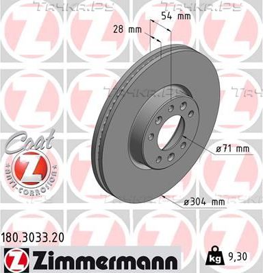 Тормозной диск Zimmermann Coat Z передний для Peugeot Expert III 2016-2026. Артикул 180.3033.20