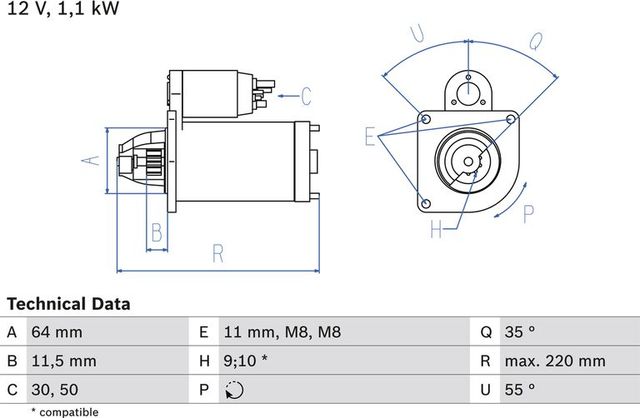 Стартер Bosch для Fiat Palio I 1997-2008. Артикул 0 986 018 880