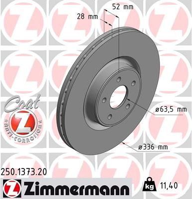 Тормозной диск Zimmermann Coat Z передний для Ford Focus II 2009-2011. Артикул 250.1373.20