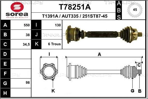 Полуось (привод в сборе, приводной вал) EAI. Артикул T78251A