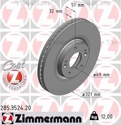Тормозной диск Zimmermann Coat Z передний для Hyundai ix55 2007-2013. Артикул 285.3524.20