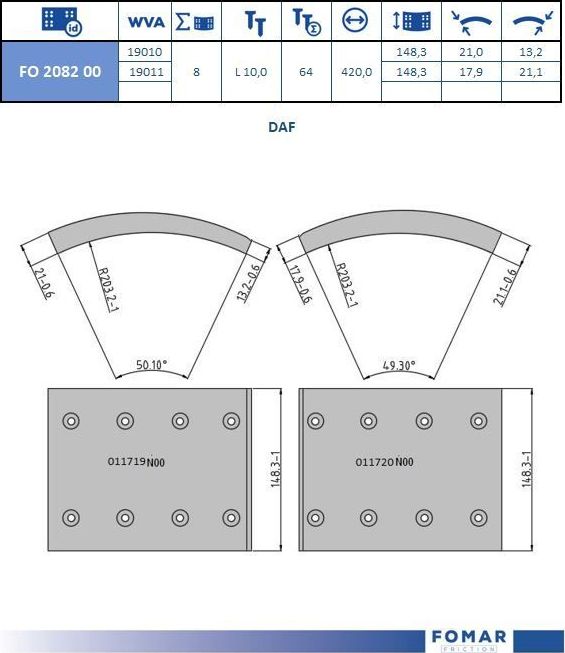 Тормозные накладки Fomar. Артикул FO 2082 00
