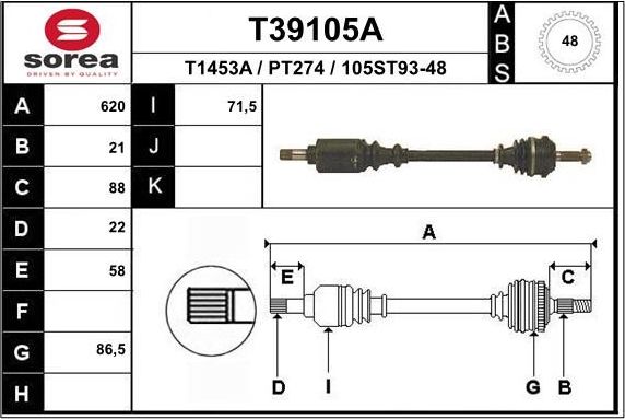 Полуось (привод в сборе, приводной вал) EAI. Артикул T39105A