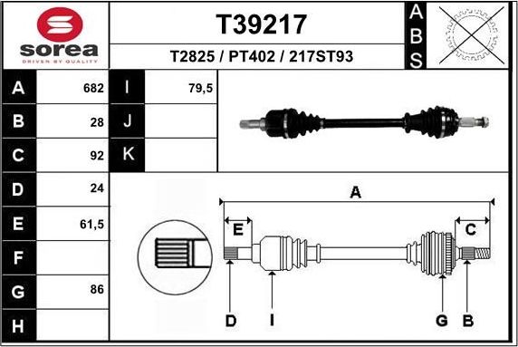 Полуось (привод в сборе, приводной вал) EAI. Артикул T39217