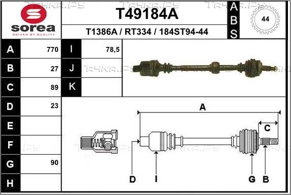 Полуось (привод в сборе, приводной вал) EAI. Артикул T49184A