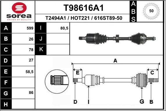 Полуось (привод в сборе, приводной вал) EAI. Артикул T98616A1