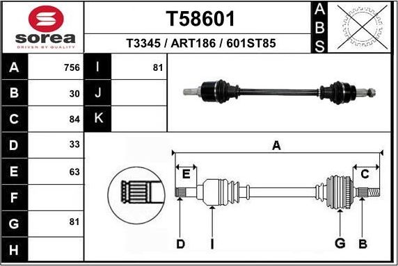 Полуось (привод в сборе, приводной вал) EAI. Артикул T58601