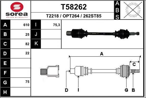 Полуось (привод в сборе, приводной вал) EAI. Артикул T58262