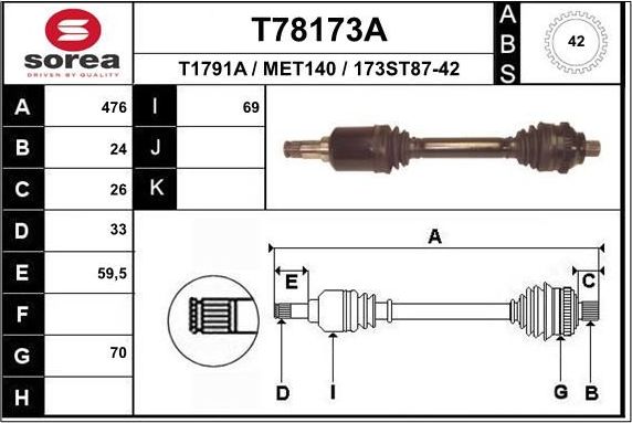 Полуось (привод в сборе, приводной вал) EAI. Артикул T78173A