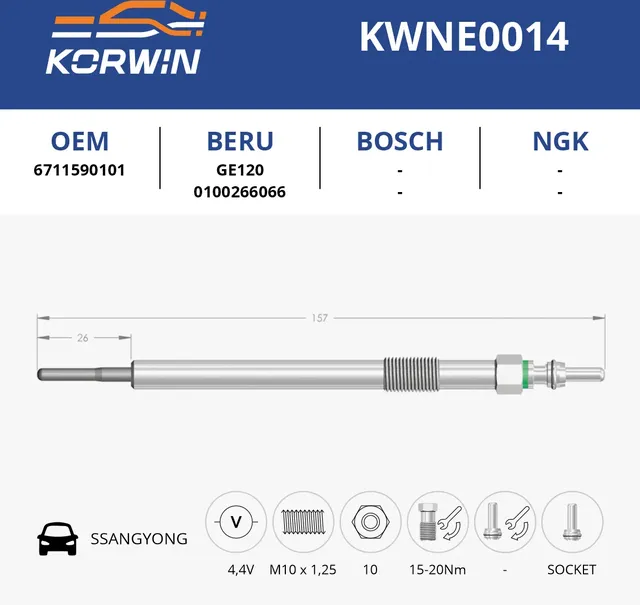 Свеча накаливания SsangYong (гар. 2 года) пр. Турция (Korwin). Артикул KWNE0014