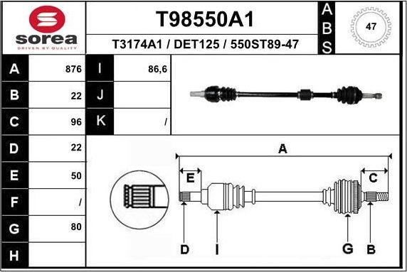 Полуось (привод в сборе, приводной вал) EAI. Артикул T98550A1