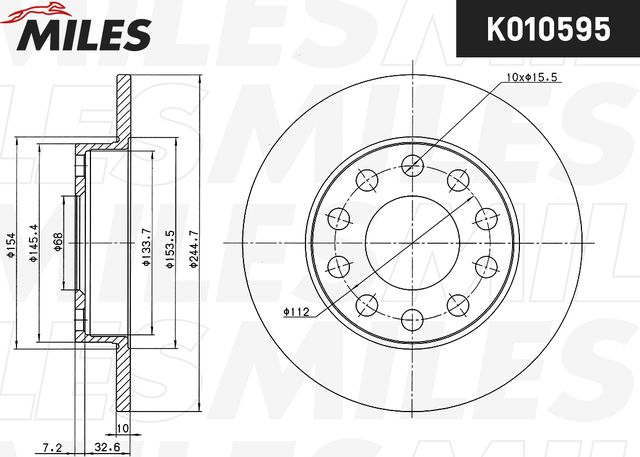 Тормозной диск Miles задний для Audi A4 I (B5) 2000-2001. Артикул K010595