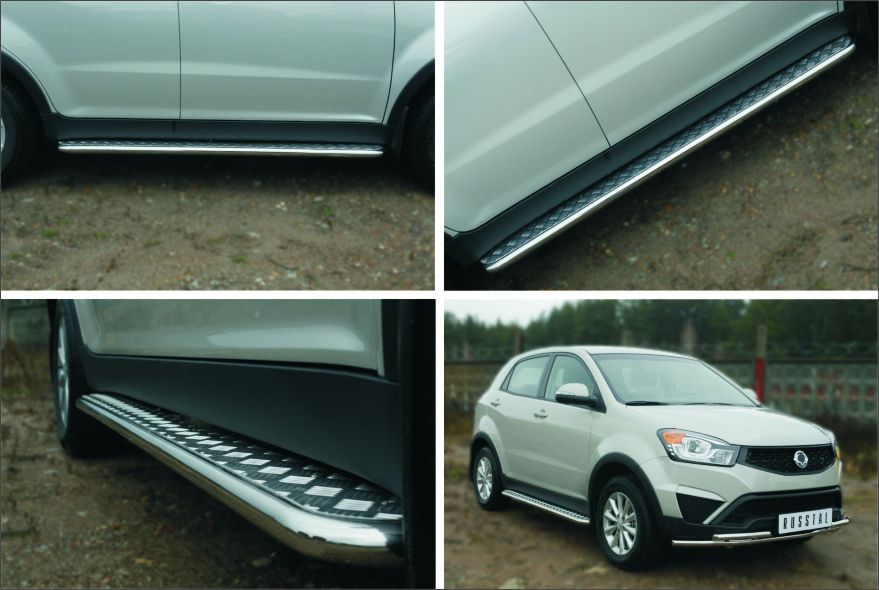 Защита порогов RusStal труба d42 с листом (Лист алюм,проф.сталь)(Вариант2) для SsangYong Actyon II 2014-2026. Артикул SYAL-0019782