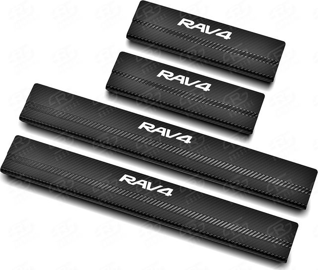 Накладки RusStal на пороги (лист нерж. карбон с надписью) для Toyota RAV4 IV рестайлинг 2015-2019. Артикул TR4Z15-06