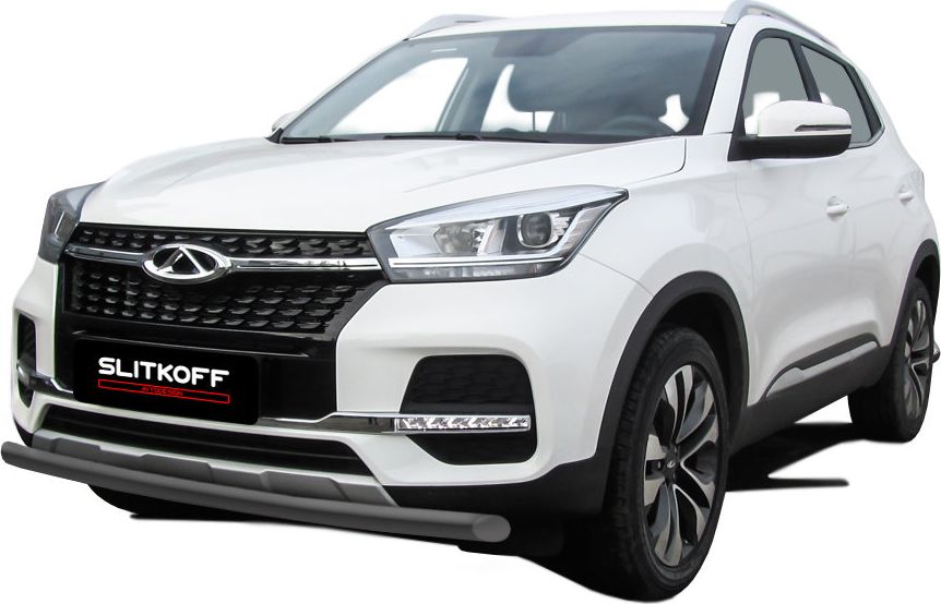 Защита Slitkoff переднего бампера d57 для Chery Tiggo 4 2017-2026 Серебристая. Артикул CT4-002S