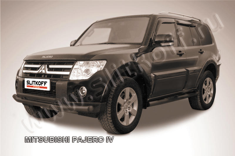 Защита Slitkoff переднего бампера d76/57 двойная ЧЕРНАЯ матовая для Mitsubishi Pajero IV 2006-2011. Артикул MPJ009B