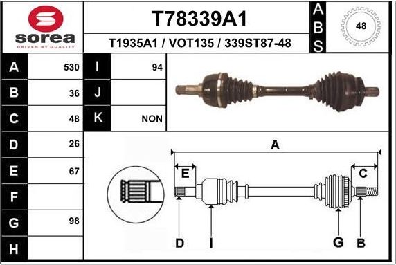 Полуось (привод в сборе, приводной вал) EAI передняя левая для Volvo V70 I 1999-2000. Артикул T78339A1