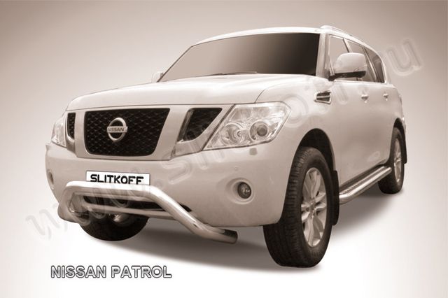 Защита Slitkoff переднего бампера d76 с профильной защитой картера для Nissan Patrol Y62 2012-2014. Артикул NIPAT002