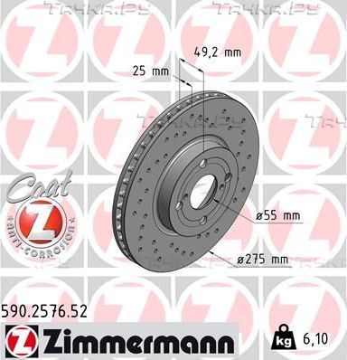 Тормозной диск Zimmermann Sport Coat Z передний для Toyota Corolla E120, E130 2001-2007. Артикул 590.2576.52