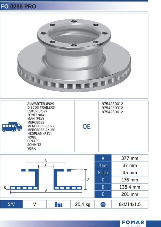 Тормозной диск Fomar задний для Mercedes-Benz Atego 1 1998-2004. Артикул FO 0288 PRO