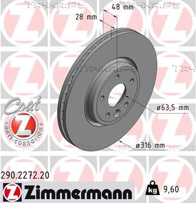 Тормозной диск Zimmermann Coat Z передний для Jaguar XE I 2015-2026. Артикул 290.2272.20