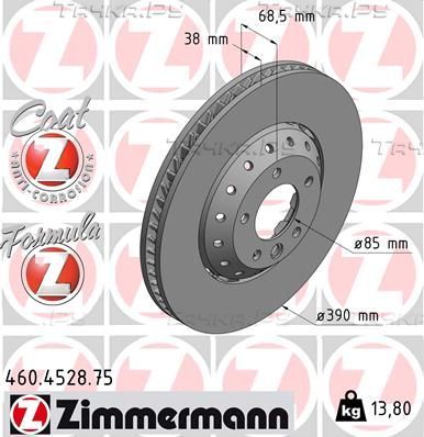 Тормозной диск Zimmermann Formula Z Coat Z передний левый для Porsche Cayenne II (958) 2010-2014. Артикул 460.4528.75