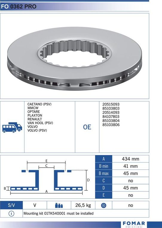 Тормозной диск Fomar задний для Volvo  FE 2006-2026. Артикул FO 0362 PRO