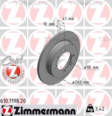 Тормозной диск Zimmermann Coat Z задний для Mitsubishi Space Star I 1998-2004. Артикул 610.1198.20