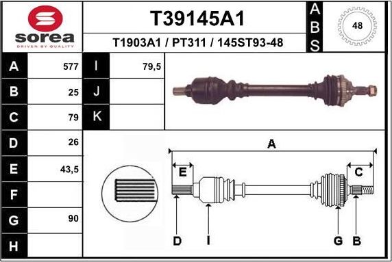 Полуось (привод в сборе, приводной вал) EAI. Артикул T39145A1