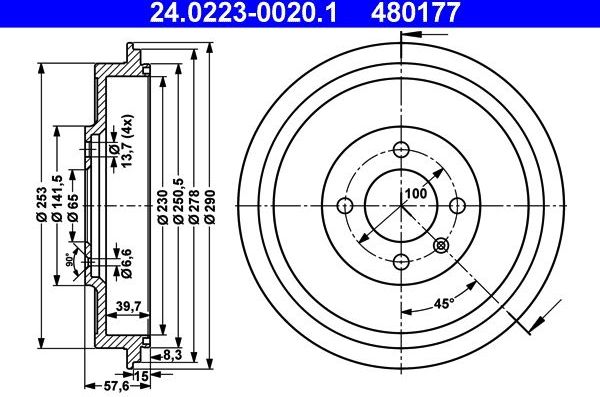 Тормозной барабан ATE задний для SEAT Inca I 1995-2003. Артикул 24.0223-0020.1